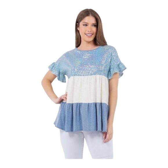 Unbranded NWOT Ruffle Sleeve Babydoll Light Blue Sequin Ivory Denim Blue Top SM - Picture 1 of 11